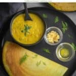 crispy dill dosa served with sides with a text overlay for pinterest