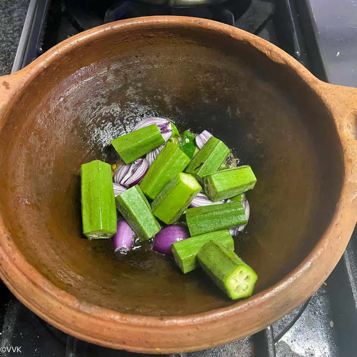 tempering and sauteing okra and shallot
