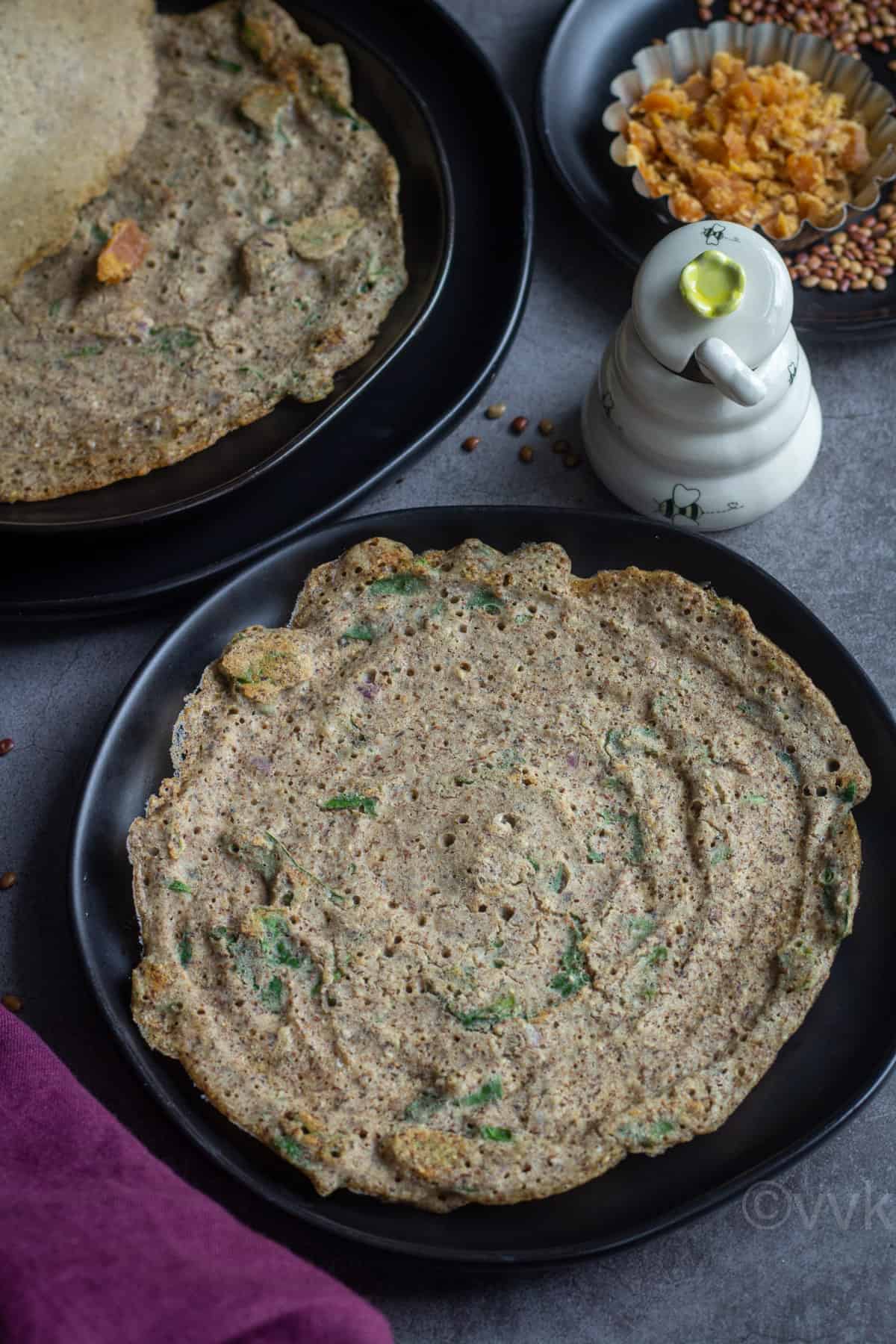 horsegram adai dosai served with jaggery and honey