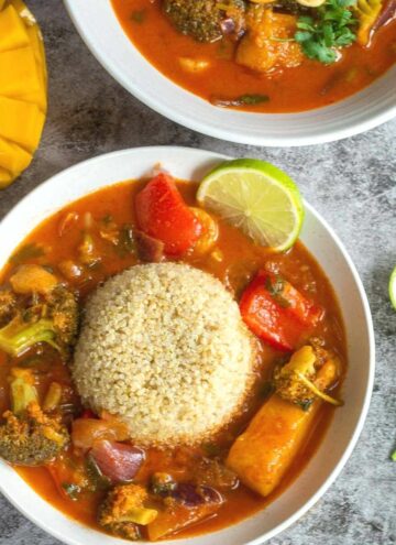 Thai mango curry served in a bowl with quinoa