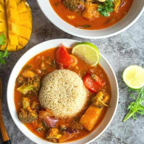 Thai mango curry served in a bowl with quinoa