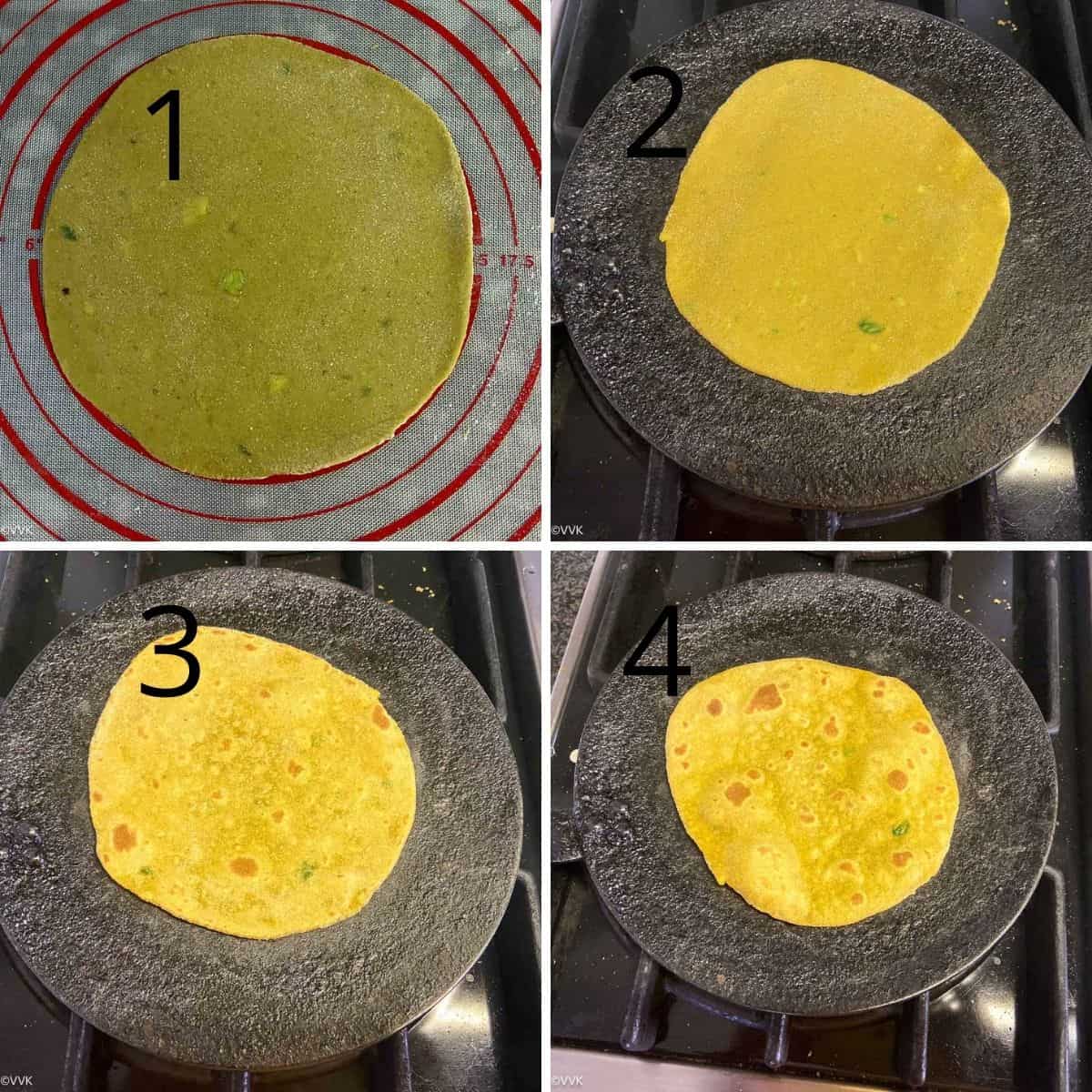 collage of rolling and cooking roti