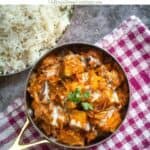 vertical image of paneer do pyaza with text overlay for pinterest