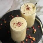 dates and gulkand lassi with text overlay for pinterest