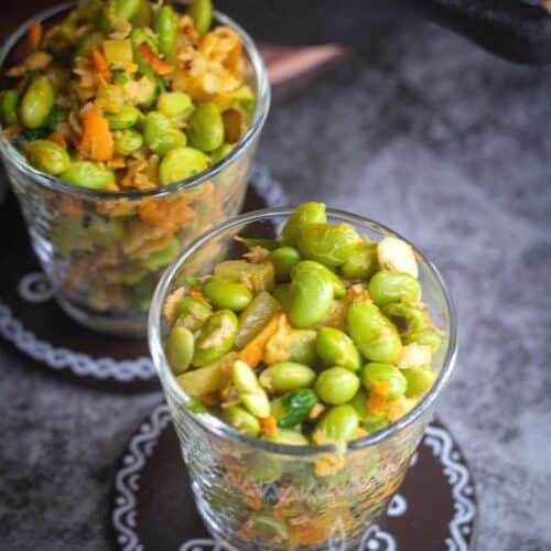 edamame sundal served in two glass jars
