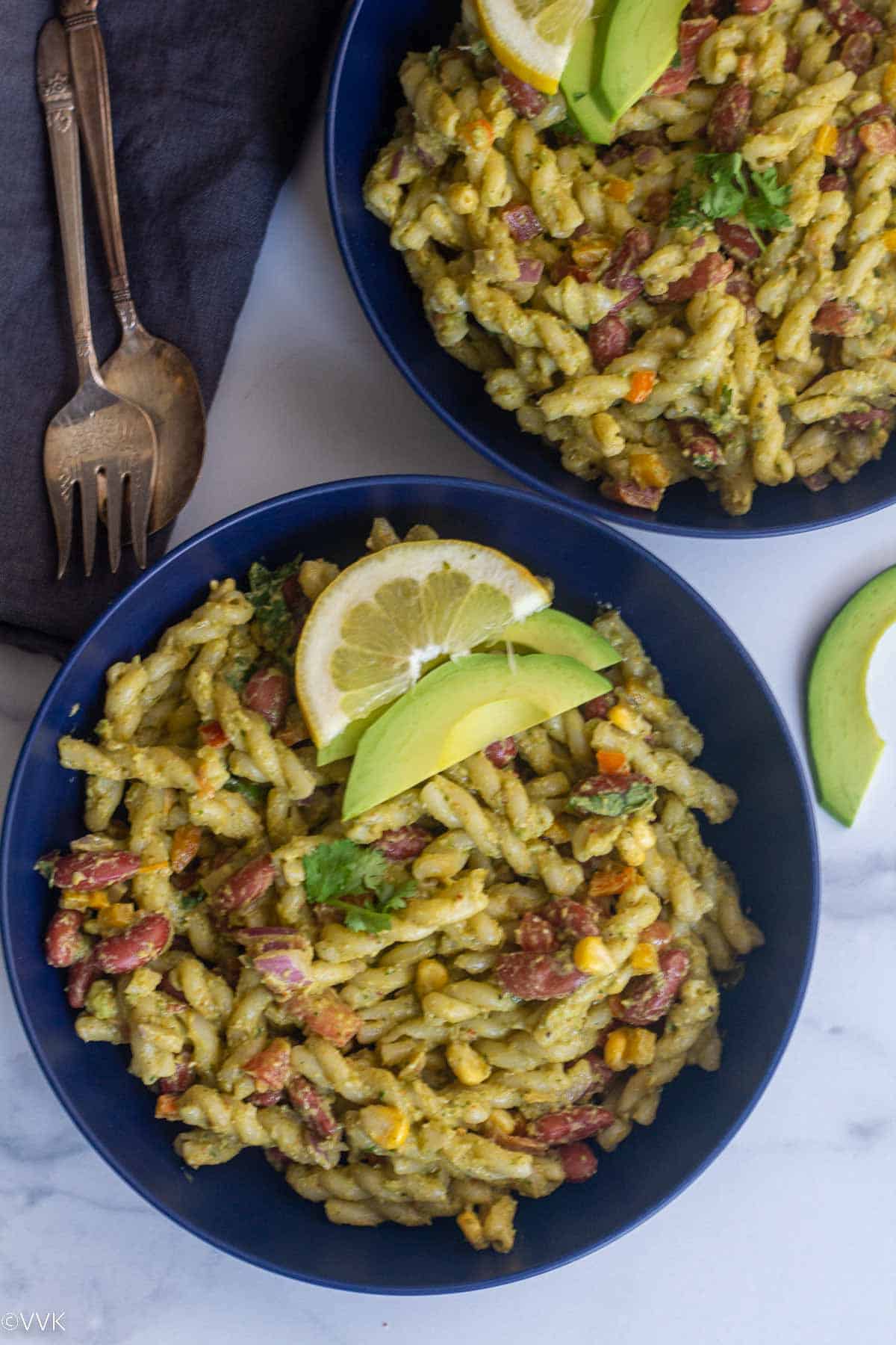 overhead shot of the taco pasta salad served in blue bowl