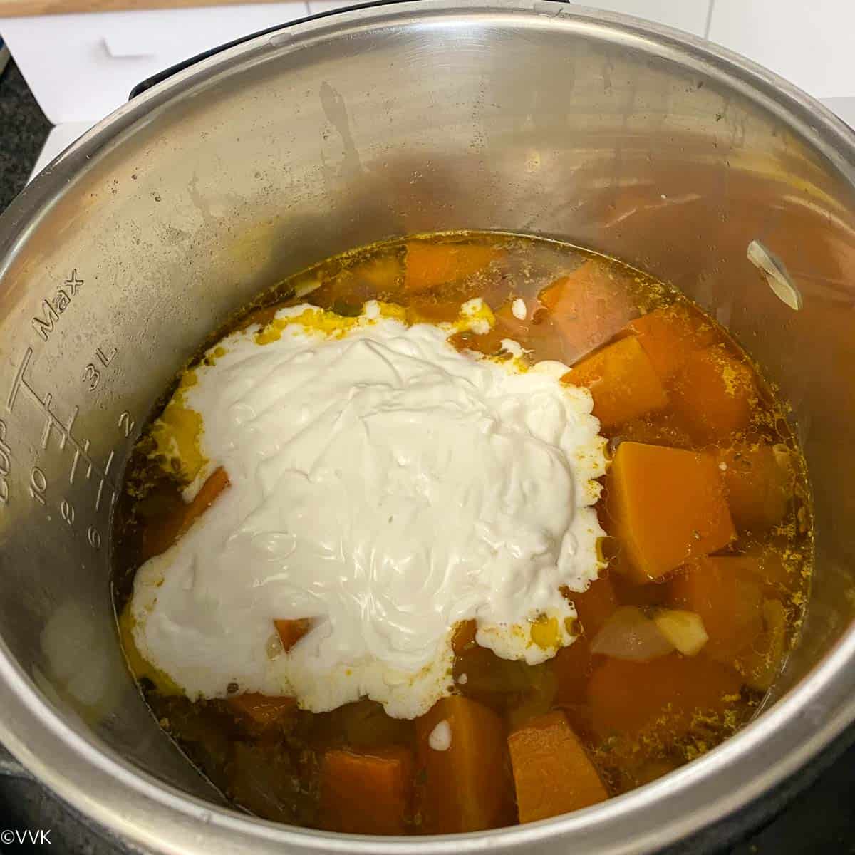 cooked pumpkin with added coconut milk
