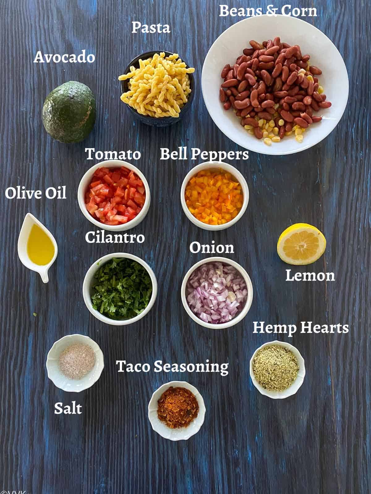 Ingredients required for the taco pasta salad