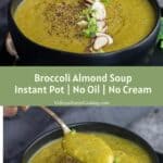 collage of broccoli almond soup with text overlay for pinterest