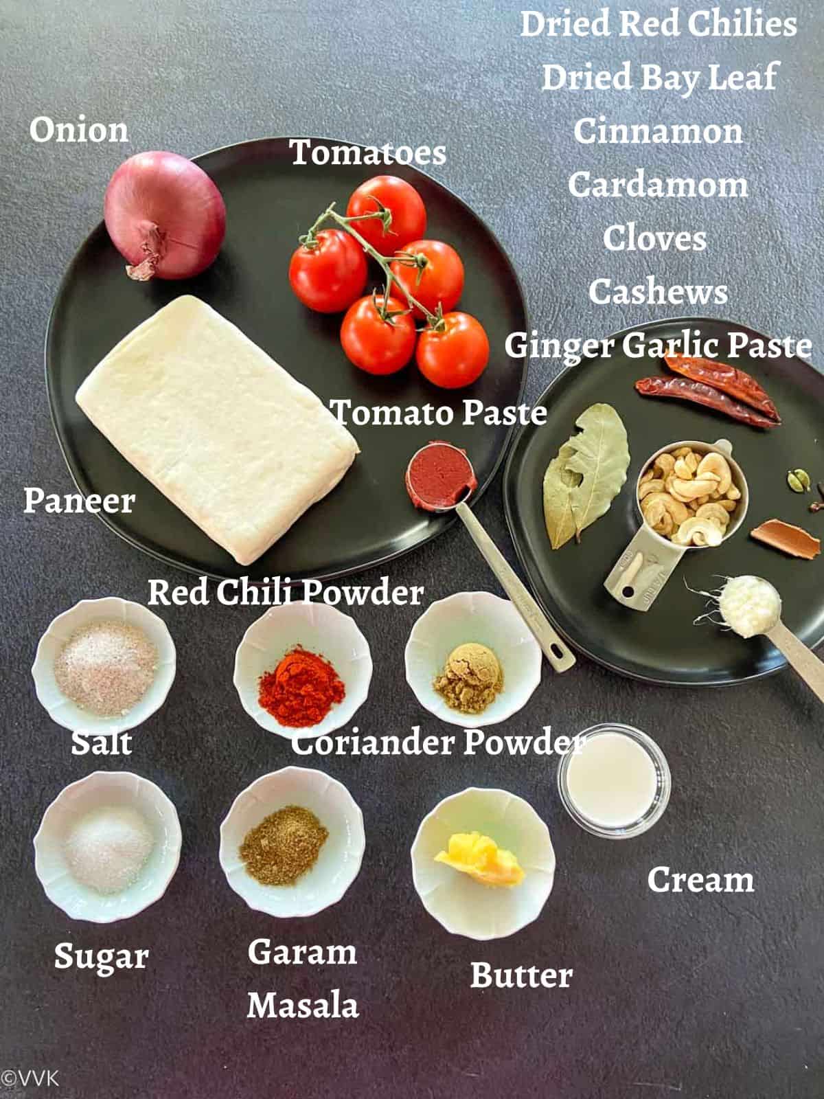 visual representation of ingredients required for paneer lababdar