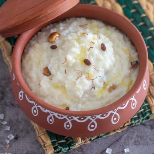 square image of kalkandu pongal served in clay pot