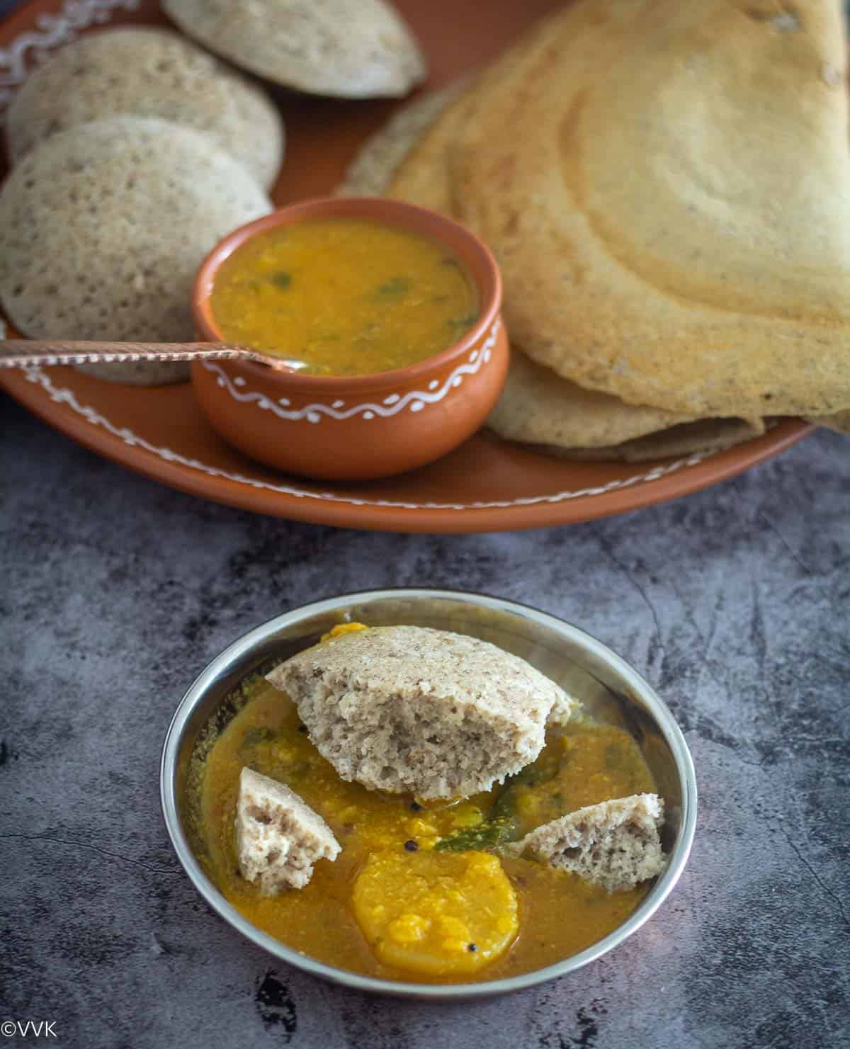 millet idli served with sambar