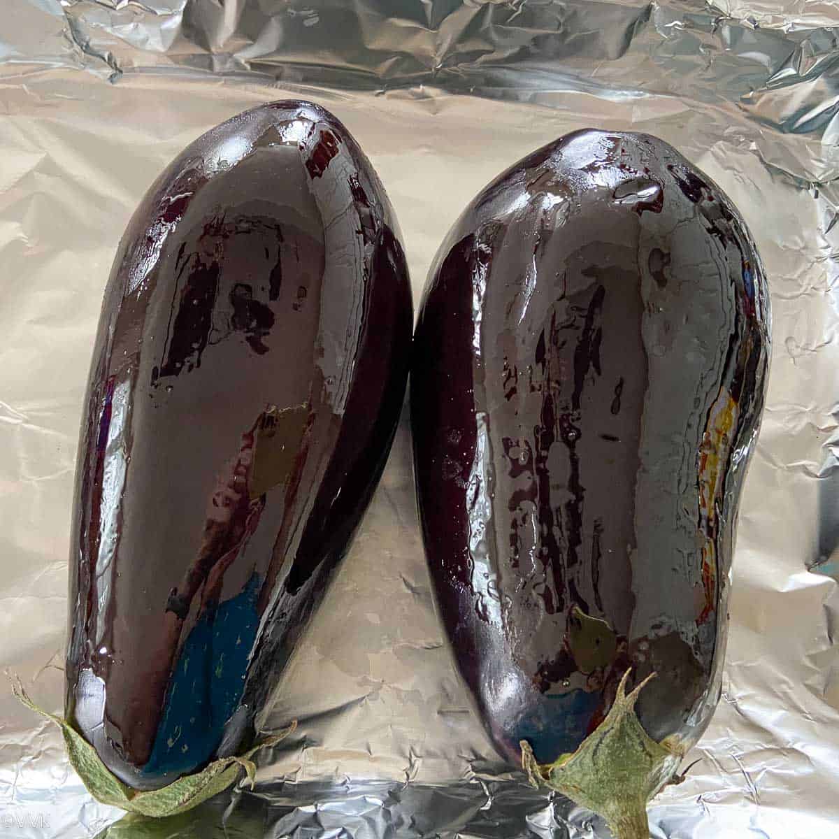 eggplant with oil applied for baking