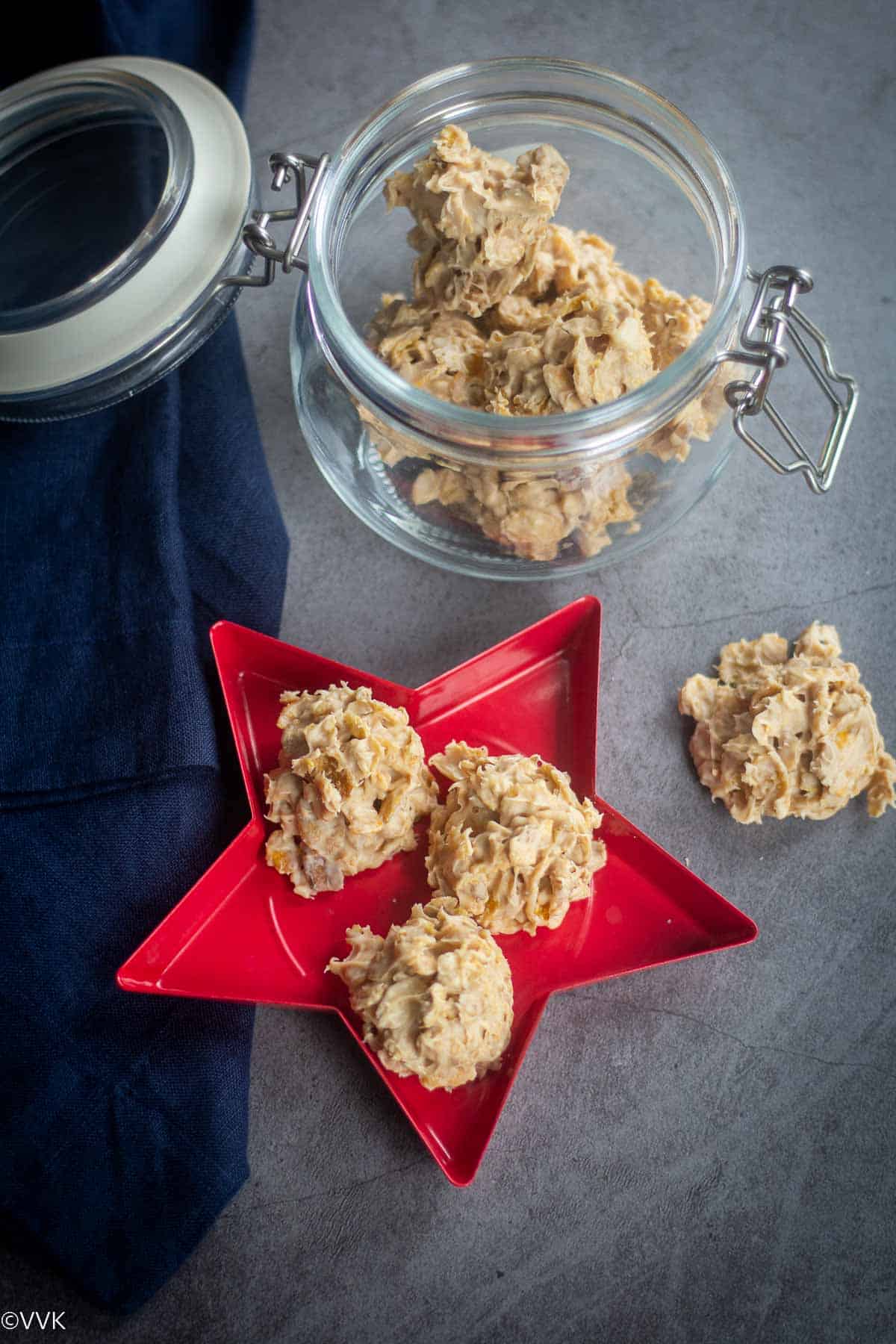 overhead shot of white chocolate cereal clusters placed in star shaped plate