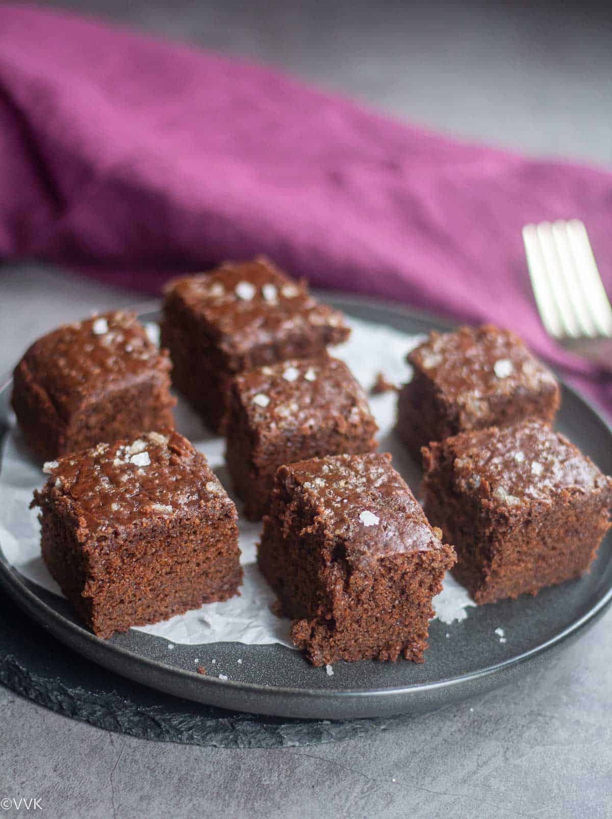 egg free brownies lined up on black board