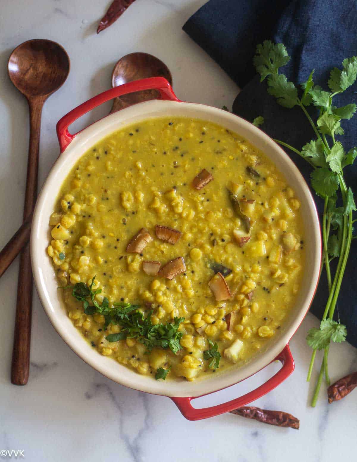 bengali aloo dal served in cast pan