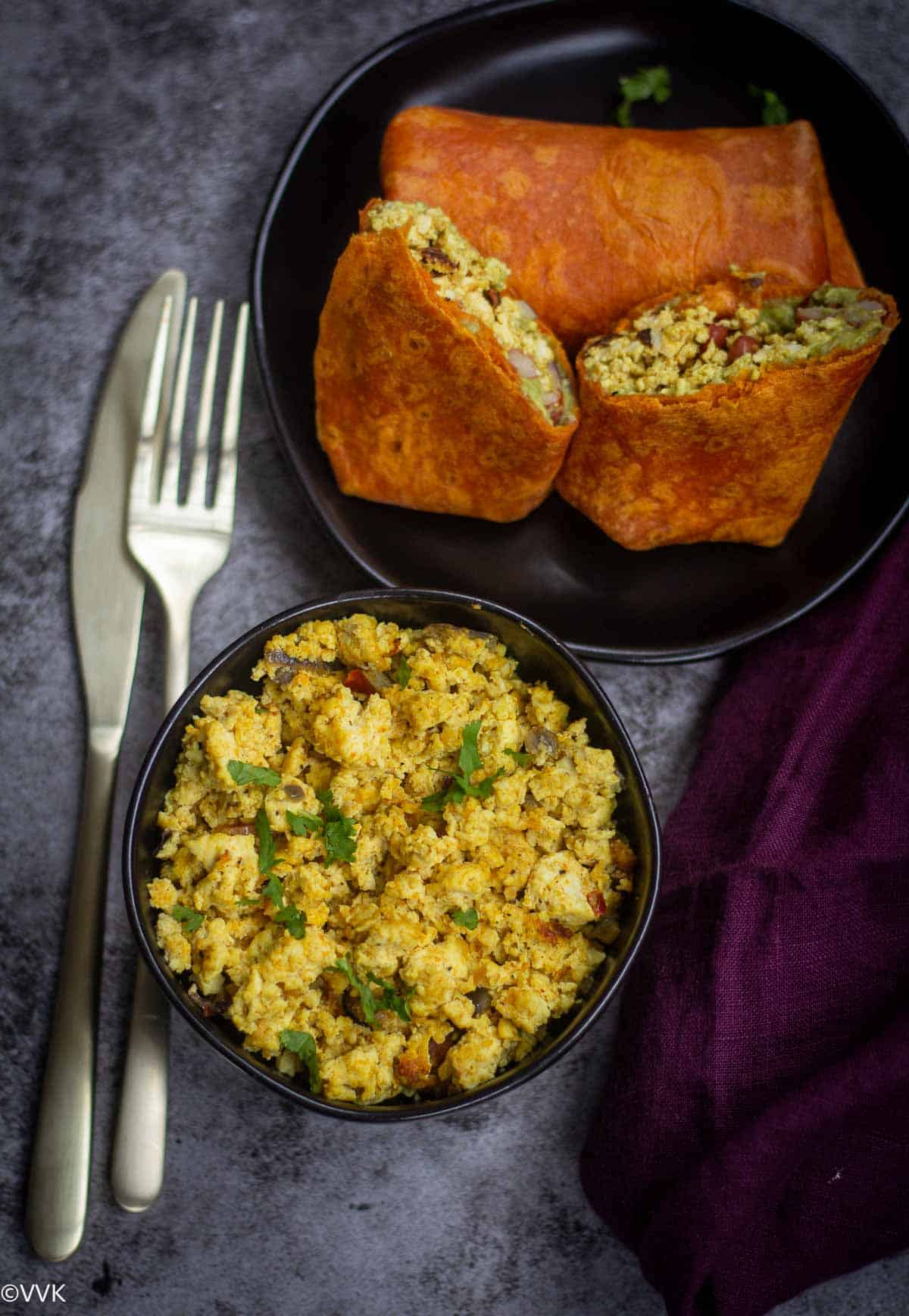 overhead shot of tofu scramble and breakfast burritos