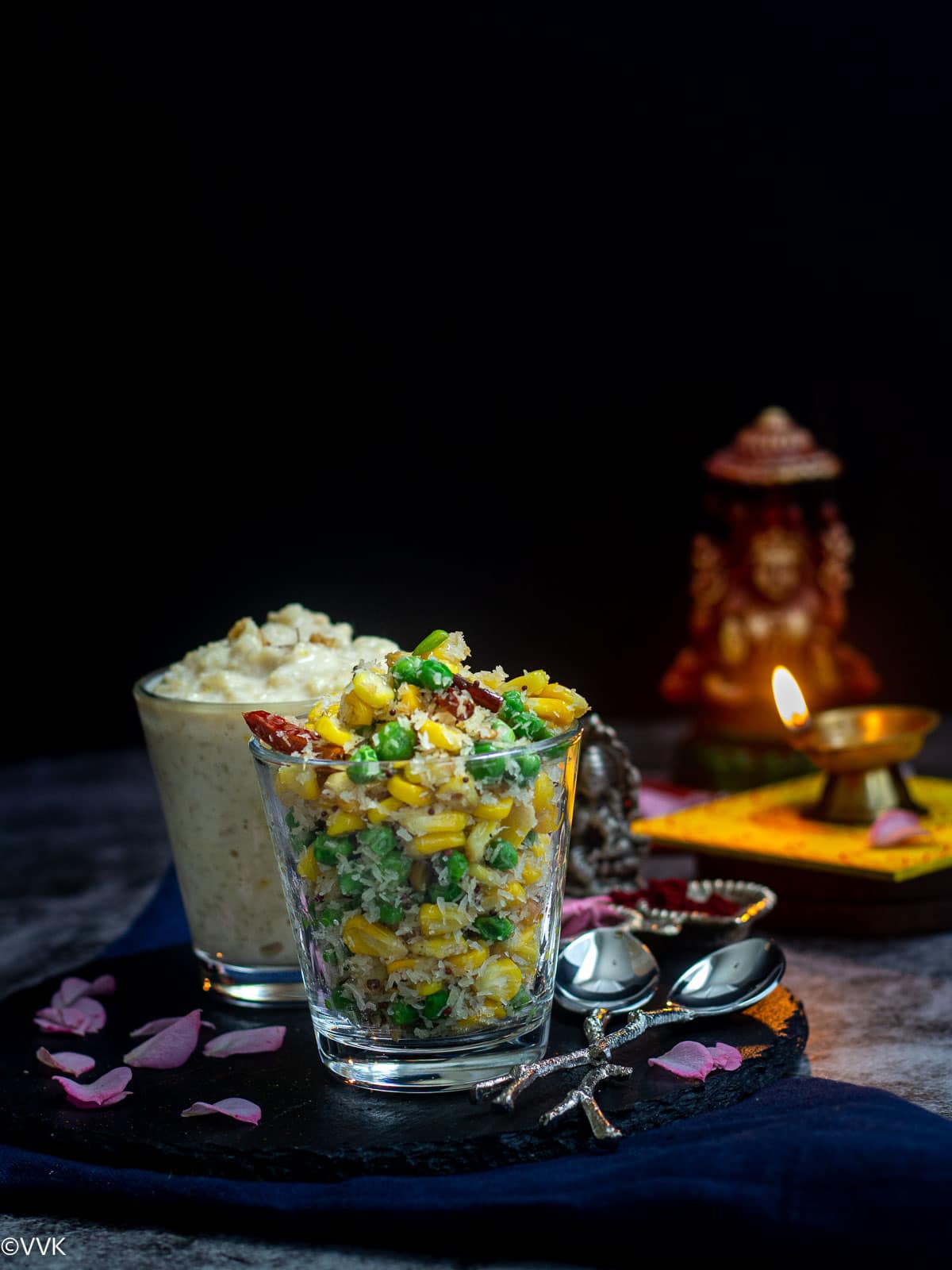 walnut payasam and frozen peas and corn sundal