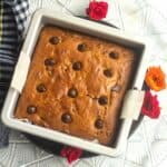 square image of eggless chocolate chip cake