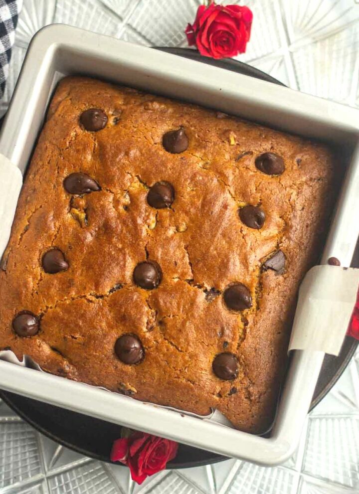 square image of eggless chocolate chip cake