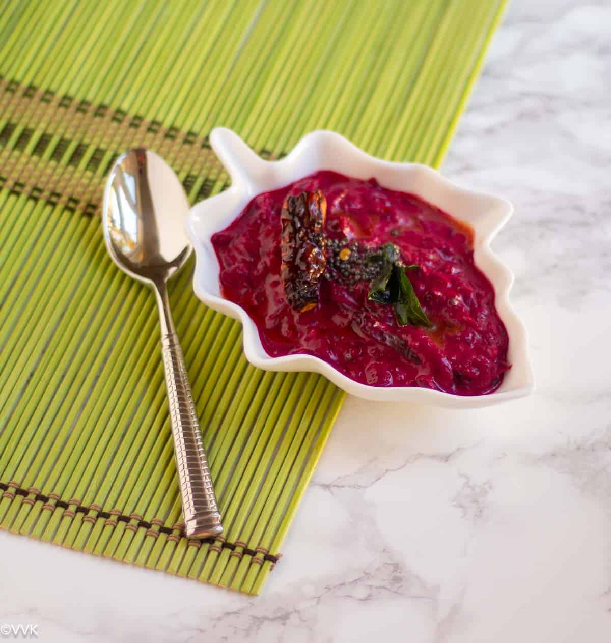 beets yogurt relish served in leaft bowl