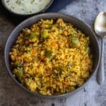 square image of vaangibhath served in ceramic bowl