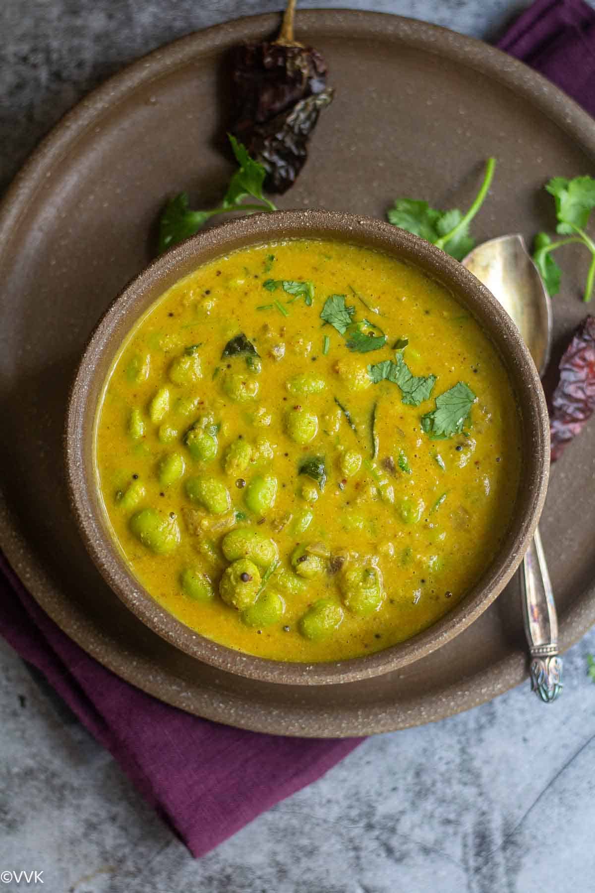 overhead shot of south indian edamame curry with a spoon inside and cilantro and red chili on the side