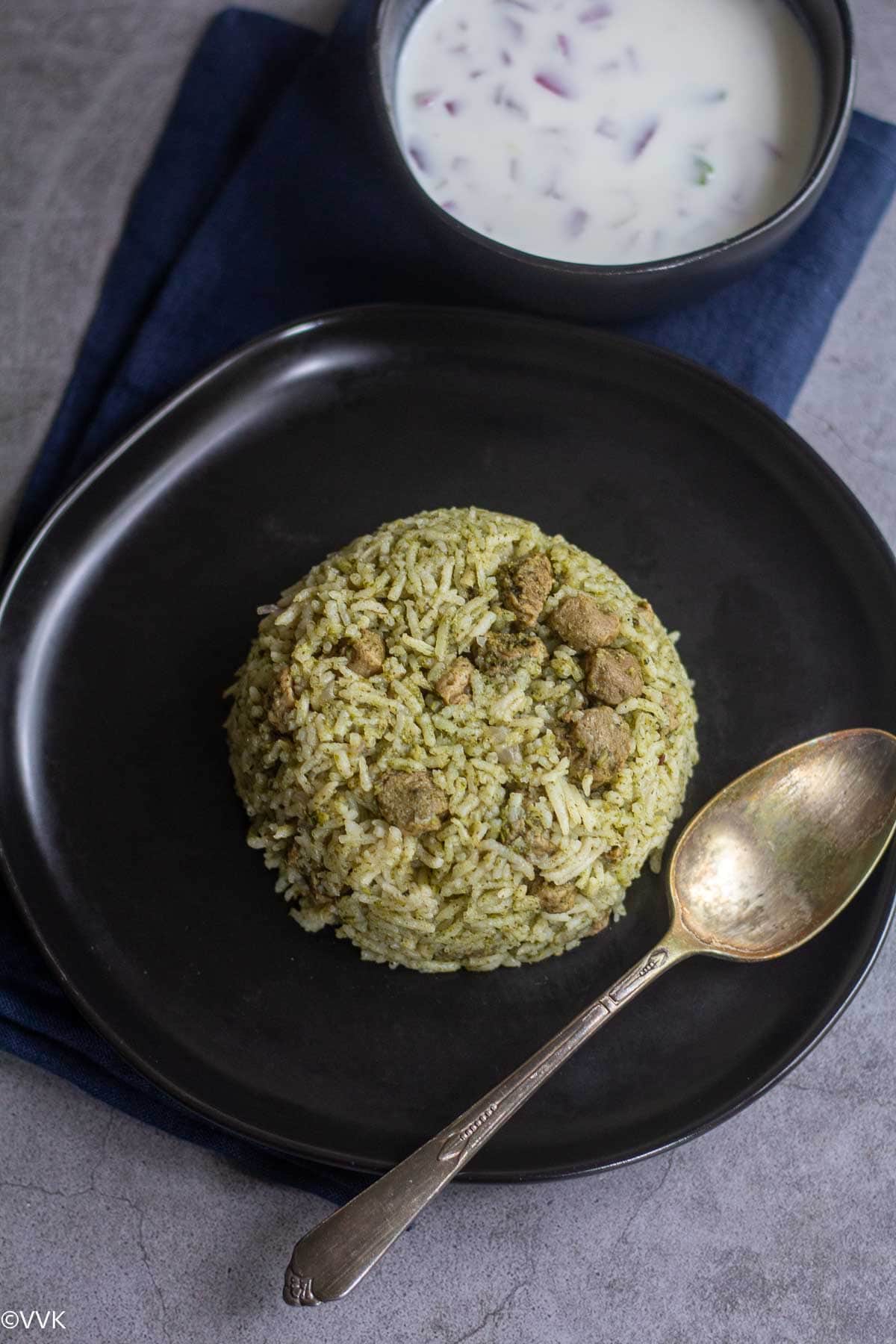 overhead shot of soya mint pulao