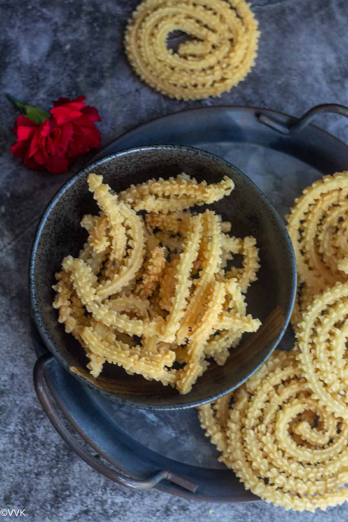 overhead closeup shot of butter murukku pieces