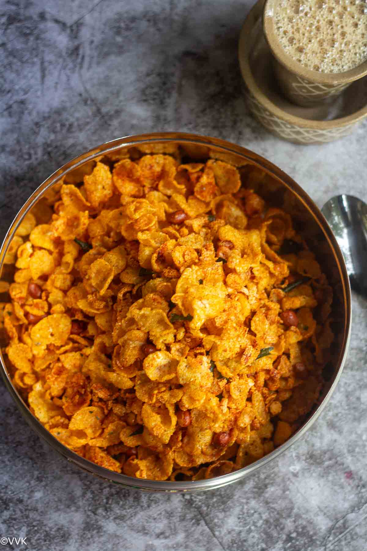 overhead shot of makai poha served with coffee