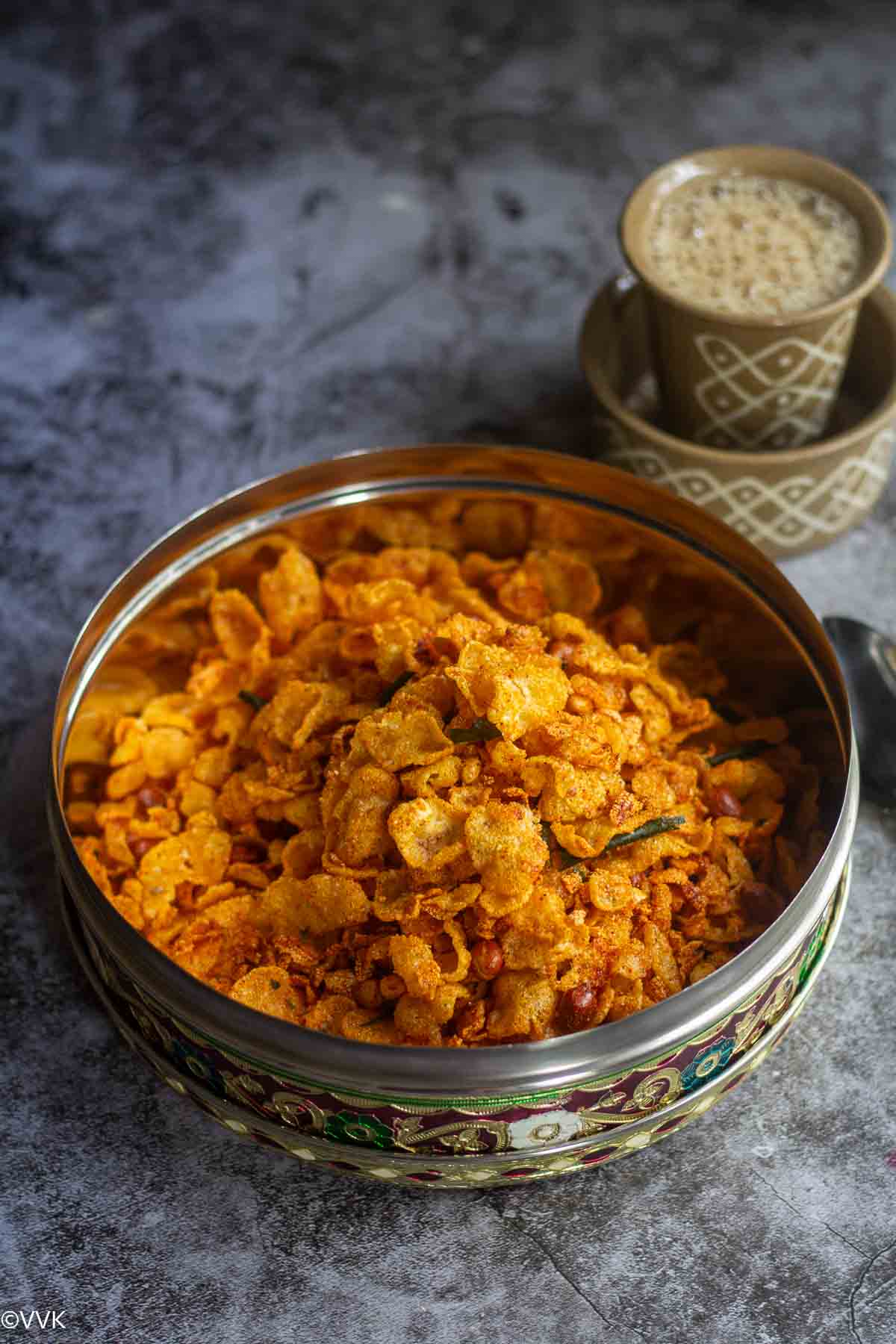 corn poha mixture served with coffee