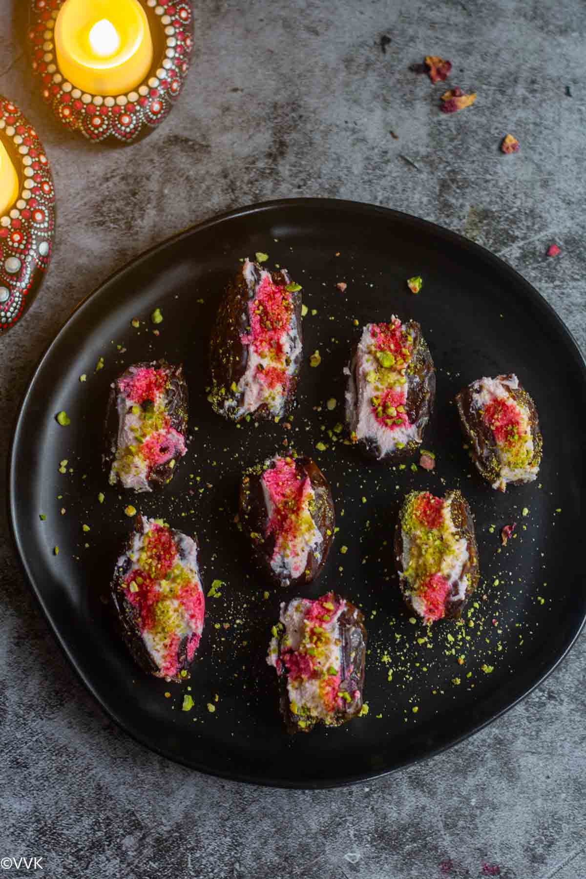 ricotta stuffed dates placed on a plate