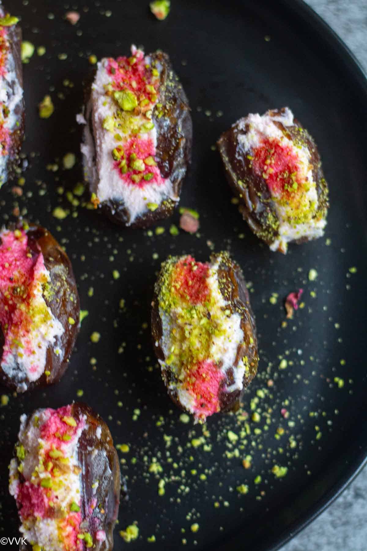 close up shot of ricotta stuffed dates