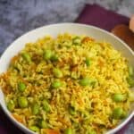 edamame masala rice with text overlay for pinterest