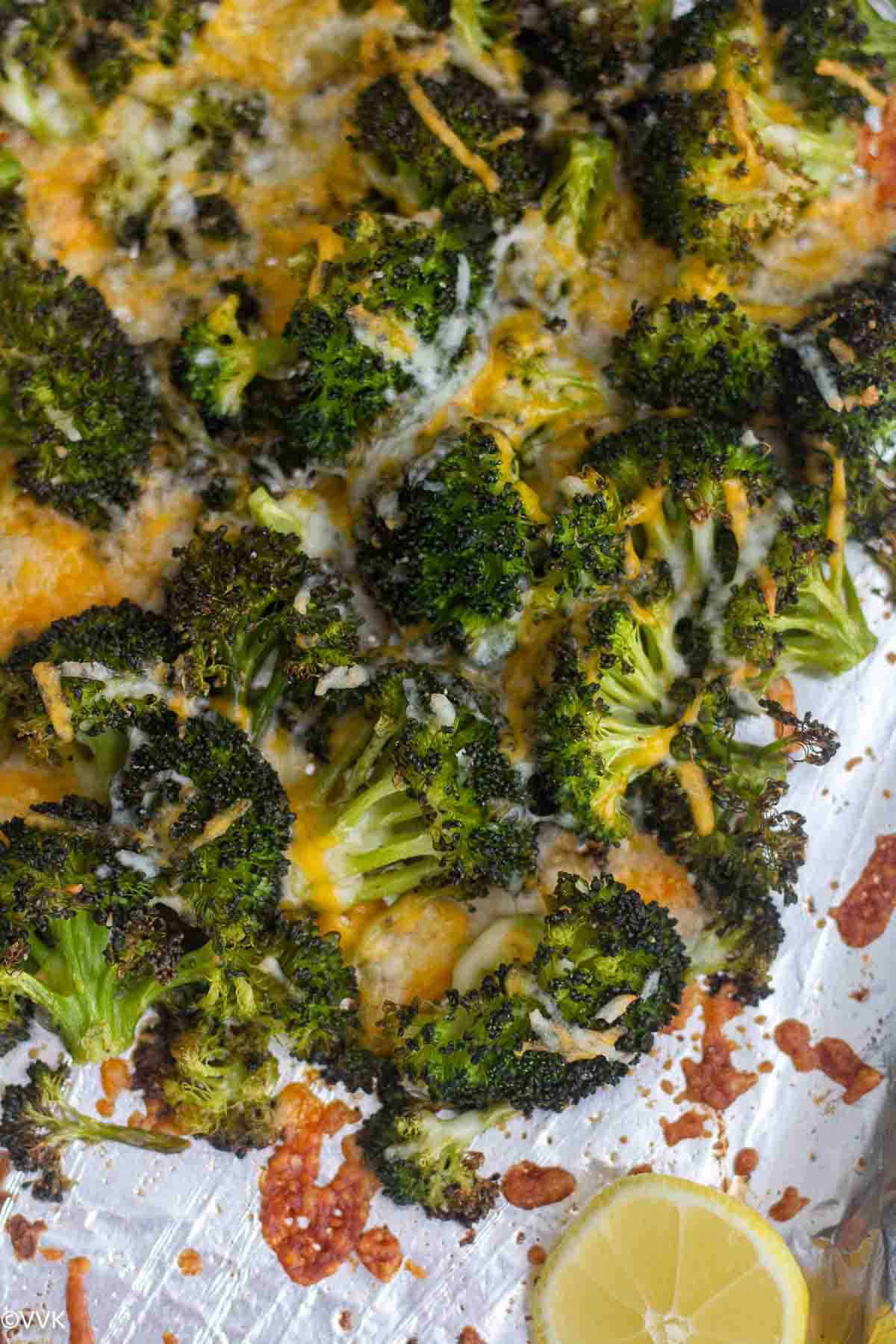 close up shot of cheesy baked broccoli