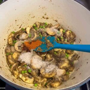 adding salt and chili powder to the biryani