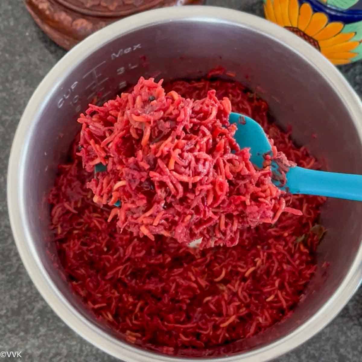 fluffed beetroot pulao made in Instant Pot